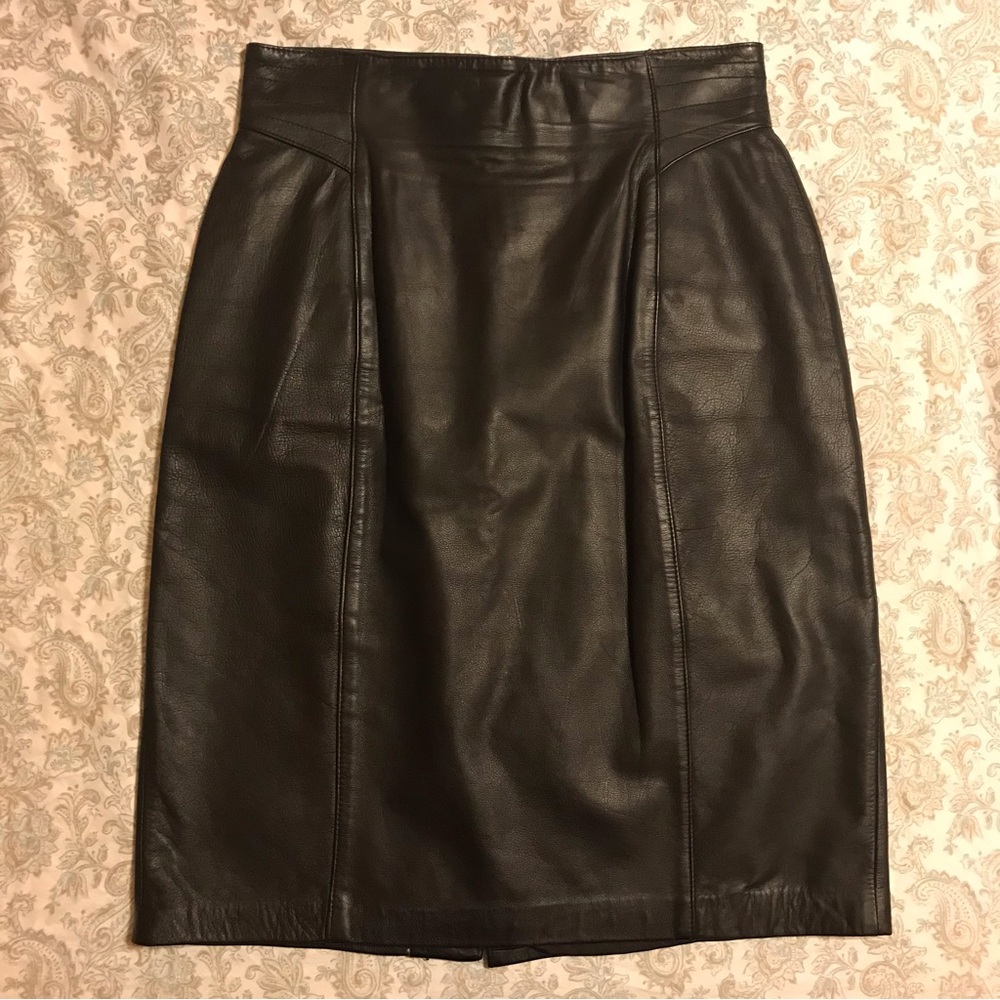Vintage Genuine Leather black pencil skirt
